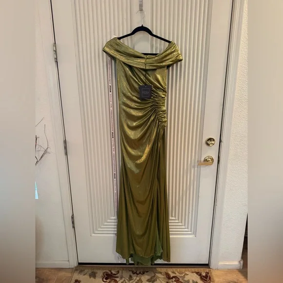 Mac Duggal One Shoulder Shimmering Olive Dress - Picture 8 of 9
